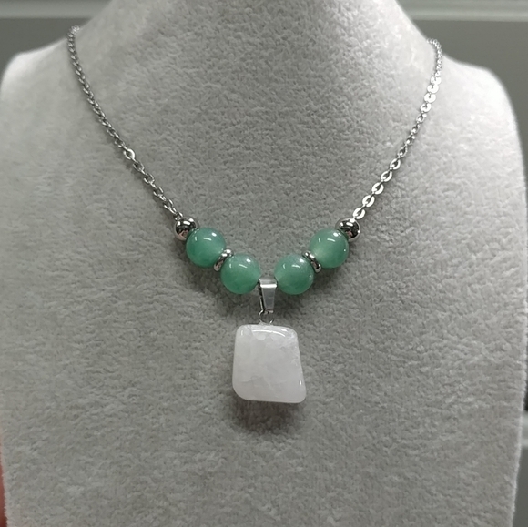 Quartz Crystal Aventurine Beaded Necklace Natural Gemstone Pendant Stainless 20" - Picture 14 of 15